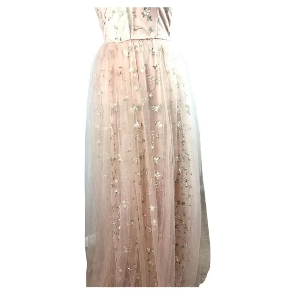 Maniju Embroidered Floral Gown Blush Pink sheer overlay